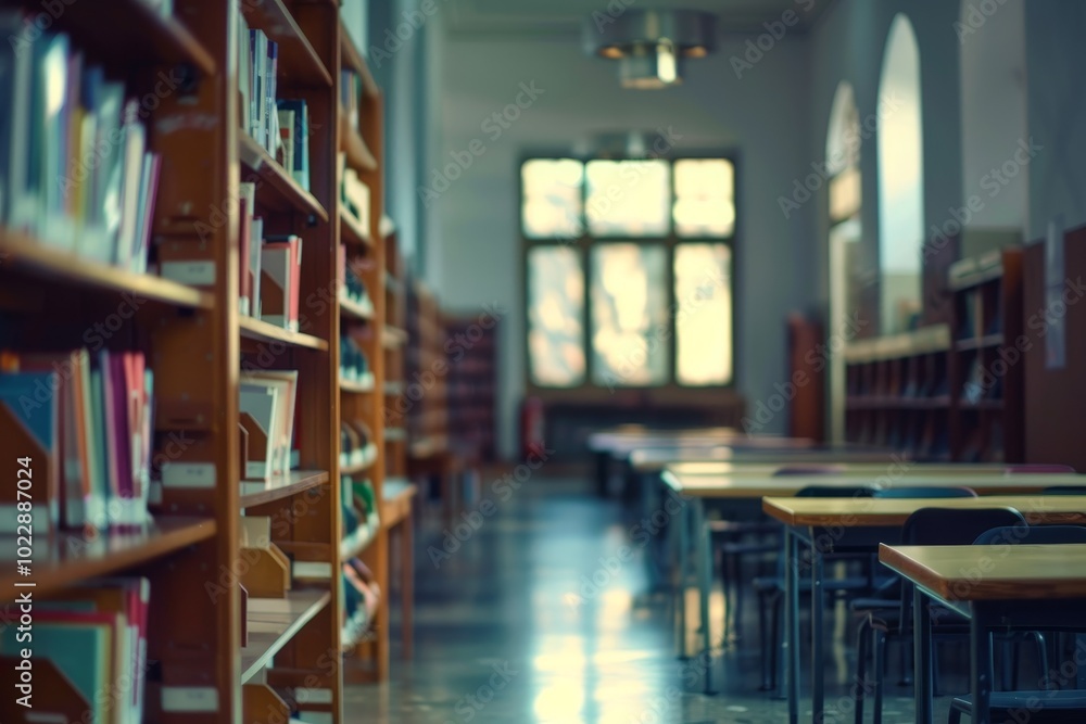 Poster the library features rows of wooden bookshelves stocked with various books, while empty study tables