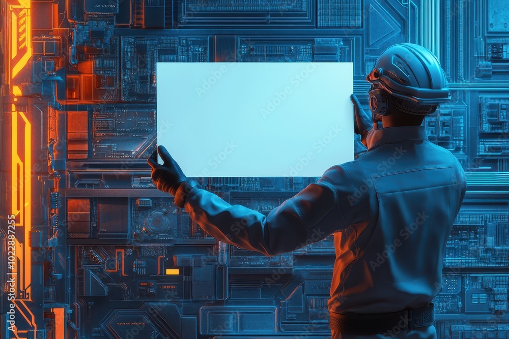 Poster concept of focus and concentration as the man interacts with the computer
