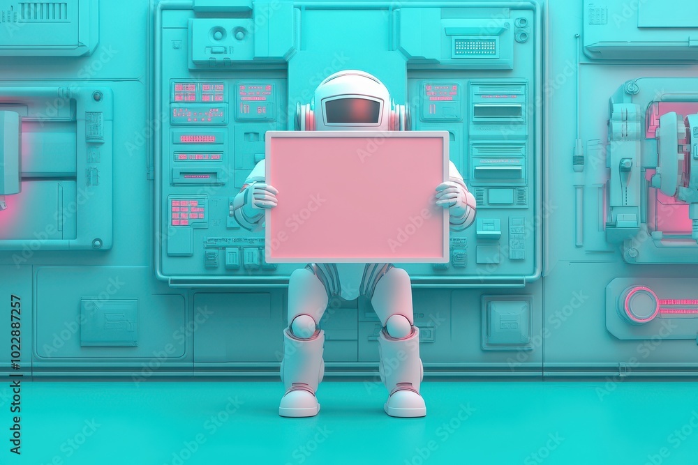 Aufkleber a robot is holding a white sign in front of a computer monitor