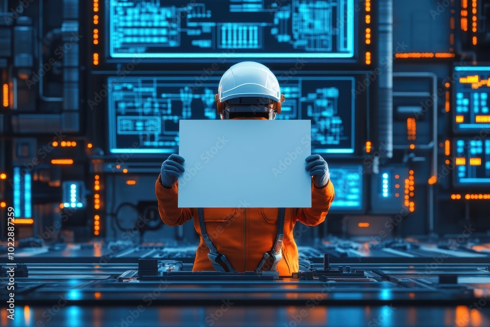 Poster a robot is holding a white sign in front of a computer monitor