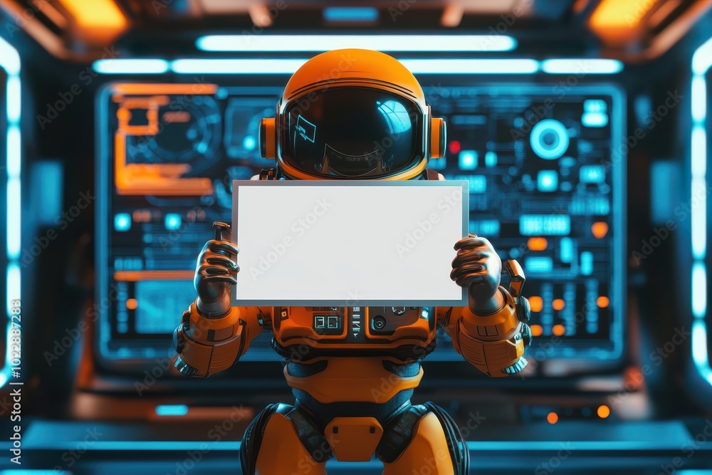 Poster a robot is holding a white sign in front of a computer monitor