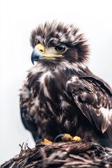 A baby eagle, isolate on white background, with fluffy feathers and a curious gaze.