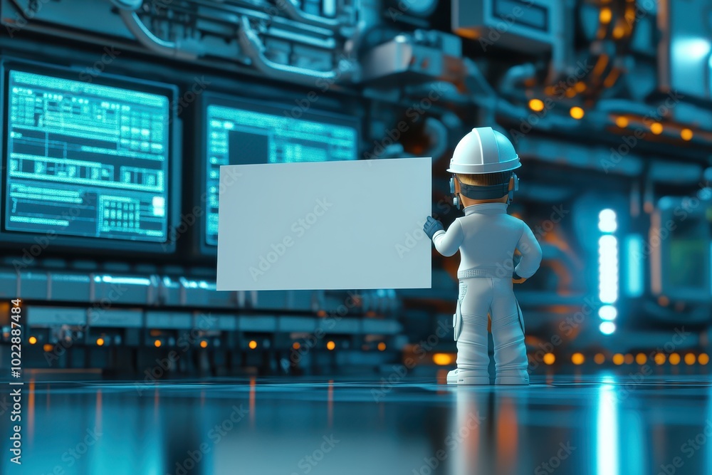 Aufkleber a robot is holding a white sign in front of a computer monitor