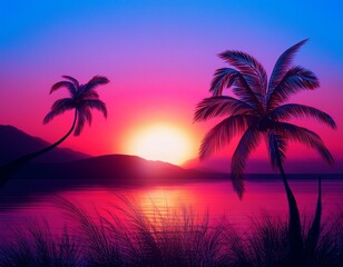 Fototapeta premium Sunset on tropical island sea beach panorama, ocean sunrise panoramic landscape