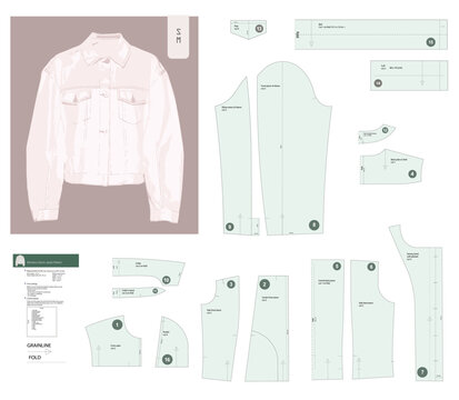 Stylish denim jacket sewing pattern in vector, sizes S and M. This comprehensive pattern includes all essential pieces such as front, back, sleeves, collar, and pockets.