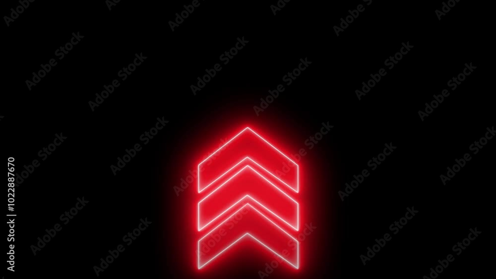 Poster red neon single line directional up blinking arrow animation. neon sign arrows animation light sprea