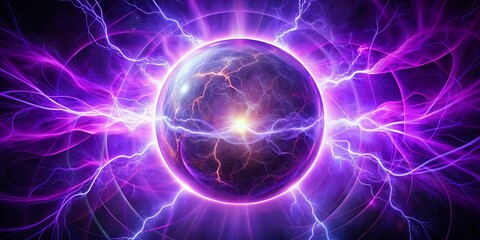 Obraz premium A vibrant sphere of energy pulsates with electric tendrils, radiating an ethereal glow against a backdrop of swirling cosmic currents.