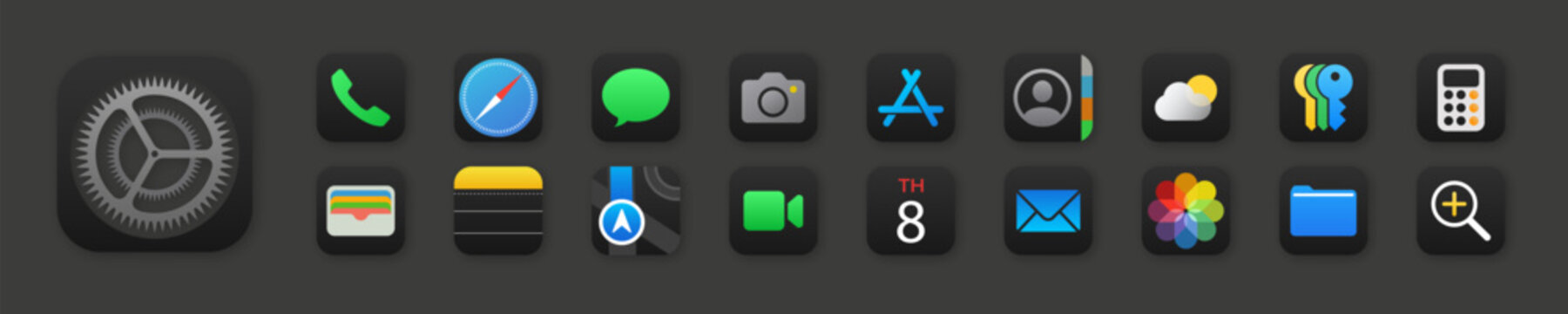 Zdolbuniv, Ukraine - October 10, 2024: Apple set icon apps. IOS 18 App icons. Apple apps mockup. Iphone apps. Vector illustration