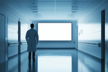 A man walks down a long, empty hallway