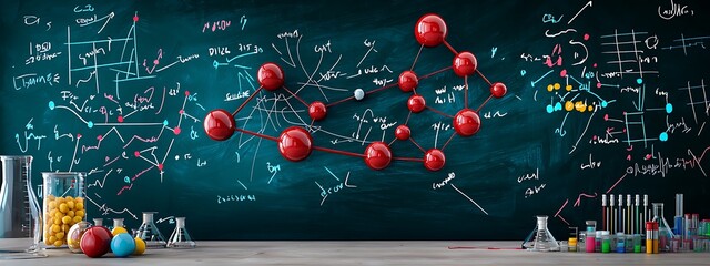 A blackboard showing a detailed derivation of a physics formula