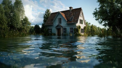 Fototapeta premium A farmhouse in the countryside, nearly submerged underwater, creates a striking image of environmental impact. 