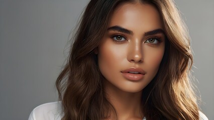 Naklejka premium A breathtaking portrait of a woman with long brown hair, capturing her glowing skin and natural beauty