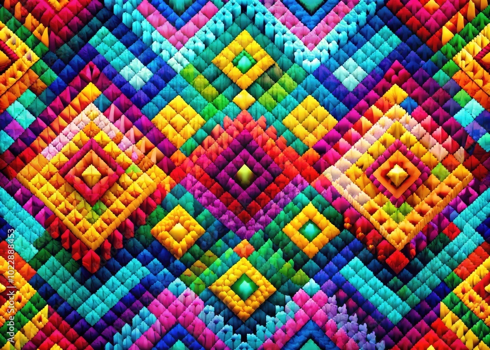 Poster vibrant pixel art background with abstract geometric shapes in vivid colors and patterns for design