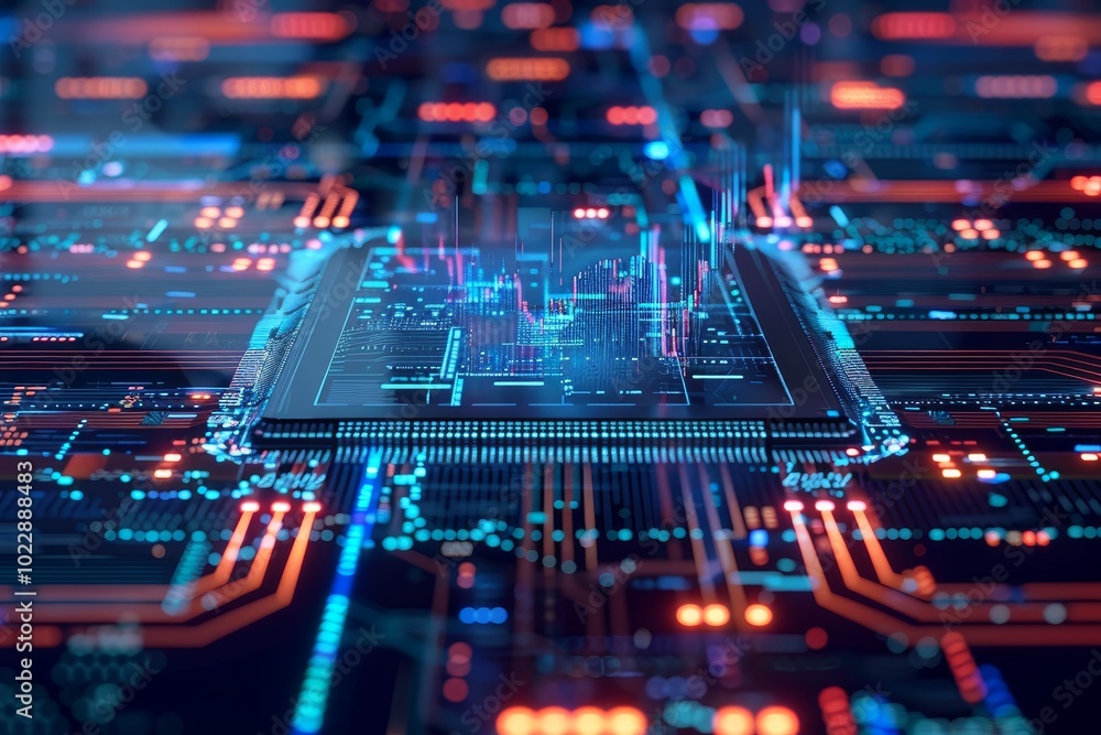 Poster a detailed close-up of a circuit board illuminated with blue and orange lights shows active data pro