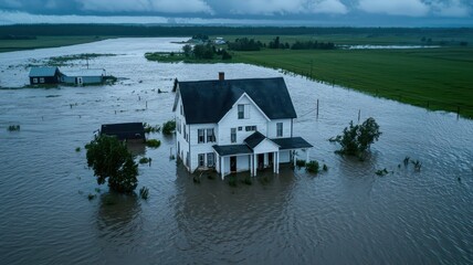 Fototapeta premium A farmhouse in the countryside, nearly submerged underwater, creates a striking image of environmental impact. 