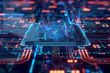 Obraz premium A detailed close-up of a circuit board illuminated with blue and orange lights shows active data processing and digital connectivity in a high-tech setting.