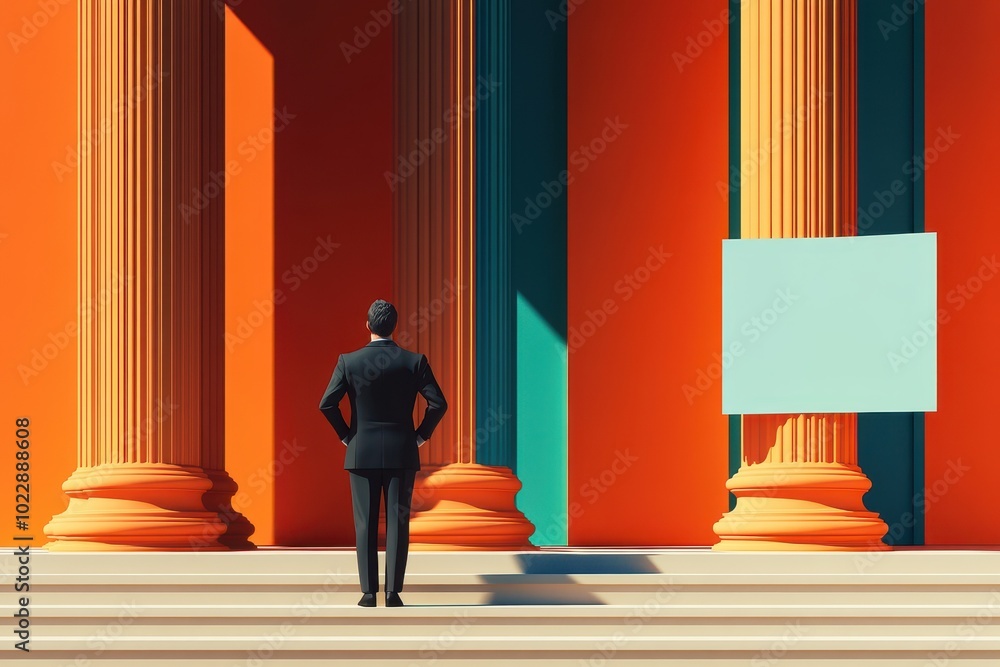 Poster a man stands on a set of steps in front of a large building with a white sign in
