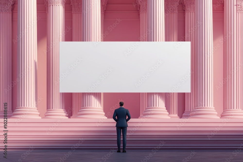 Poster a man stands on a set of steps in front of a large building with a white sign in