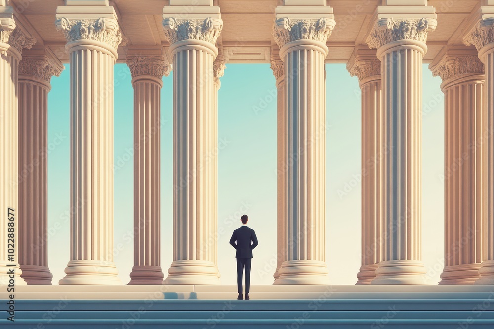 Poster a man stands on a set of steps in front of a large building with a white sign in