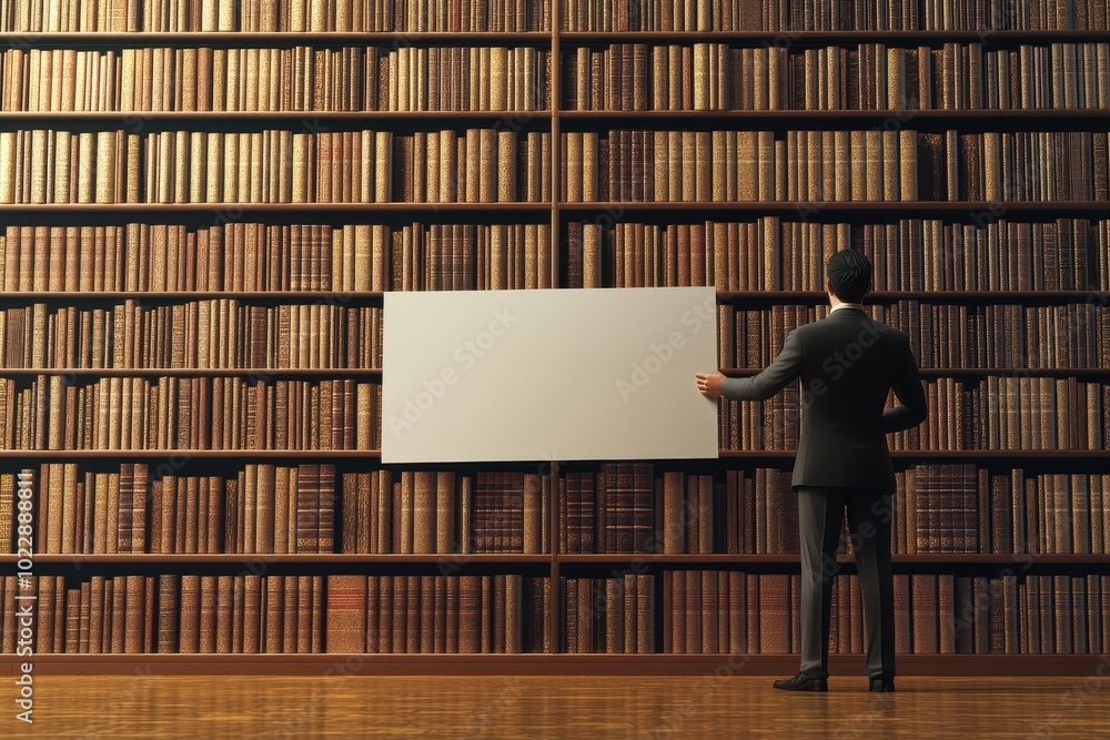 Poster a man stands in front of a large bookcase with a blank white board in the middle
