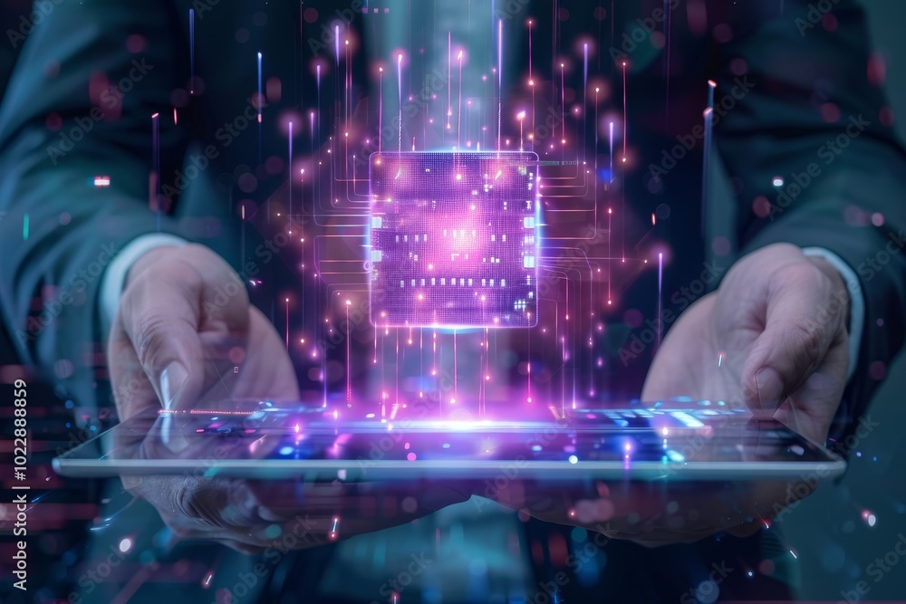 Poster a person presents a tablet displaying a luminous microchip surrounded by vibrant digital particles, 