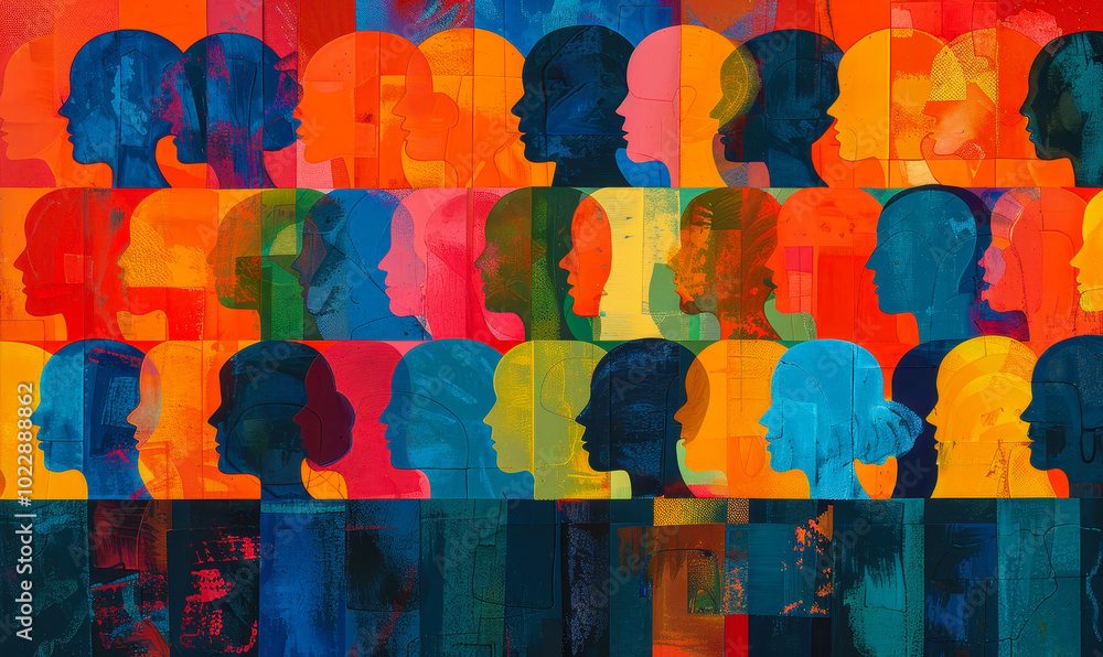 Poster vibrant overlapping human head profiles illustration in colorful abstract design for diversity and u