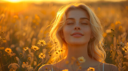 Fototapeta premium Happy Woman Enjoying Nature at Sunset in a Field of Wildflowers, Radiant and Peaceful, Outdoors in Golden Light, Serene and Content, Beauty in Nature Concept