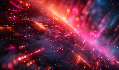 Obraz premium Futuristic Neon Cyber Landscape with Abstract Geometric Shapes and Lights in Dark Cyberspace Setting