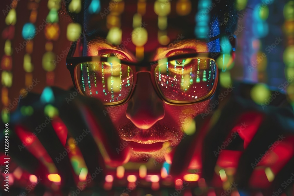 Poster an individual with glasses intently types on a keyboard while vibrant streams of code and light refl