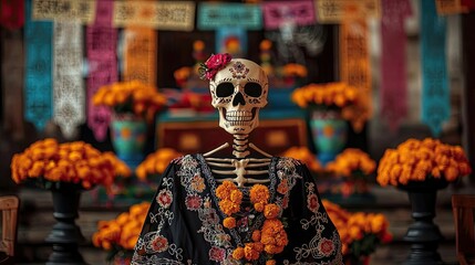 Fototapeta premium A vibrant altar scene featuring a decorated skeleton with marigold flowers, celebrating cultural traditions of the Day of the Dead.