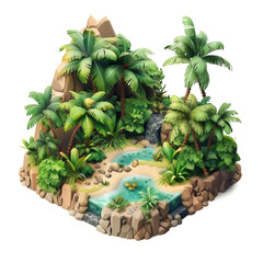 Illustration of a tropical island featuring vibrant palm trees, a peaceful waterfall, and a serene pond, evoking feelings of tranquility and nature's beauty.