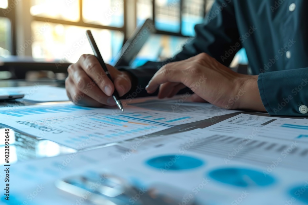 Poster a person is engaged in reviewing financial reports and charts on a conference table, focusing intent
