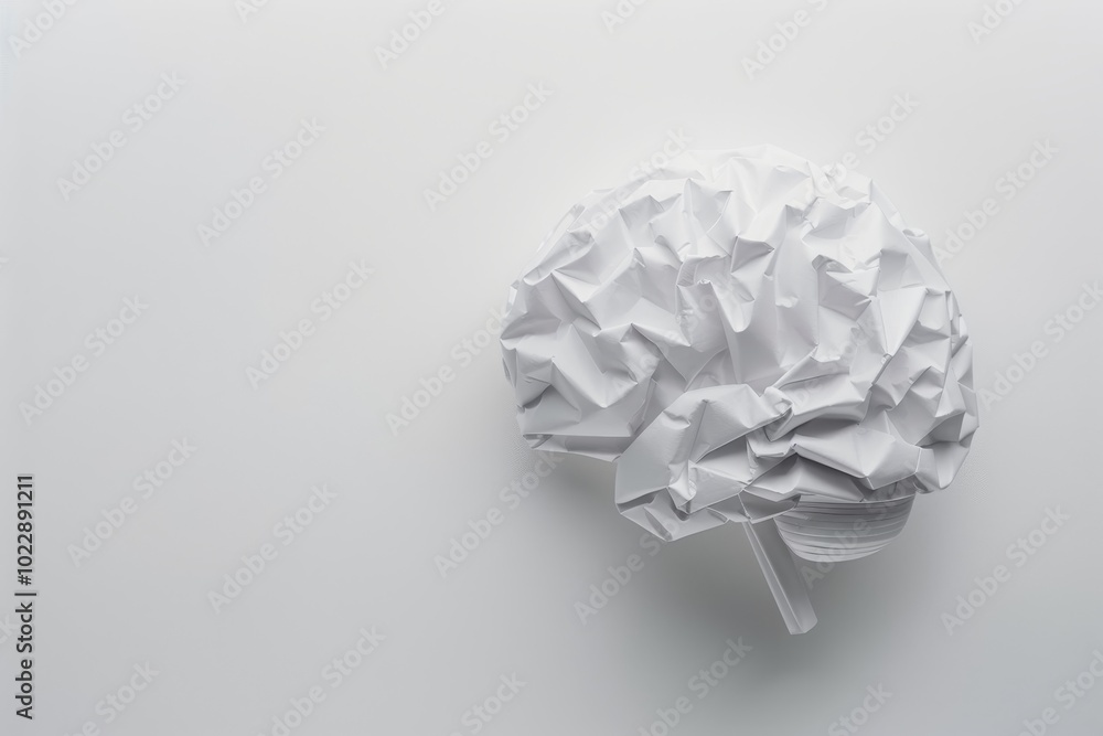 Poster an elaborately folded white origami brain sits on a clean, smooth backdrop, illustrating the interse