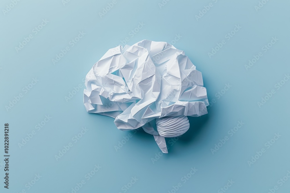 Poster a brain made of crumpled white paper sits against a light blue background, symbolizing creativity an