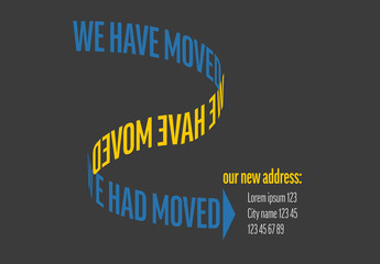 We have moved dark minimalistic flyer template with blue and yellow text on the path
