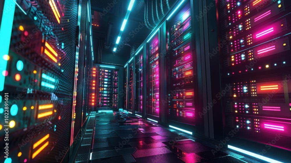 Aufkleber 3d rendering server room data center corridor with glowing neon lights.