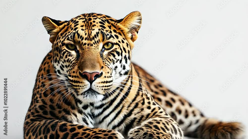 Poster a leopard is laying down on a white background