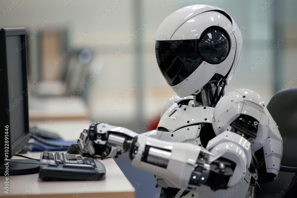 Aufkleber a humanoid robot sits at a desk, focused on typing on a keyboard while utilizing a computer in a sle