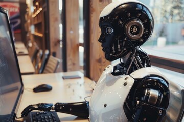 A humanoid robot is intently engaging with a computer at a sleek desk in a contemporary workspace infused with natural light.