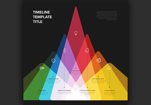 Seven triangle mountain upwards steps in rainbow dark infographic template for process description
