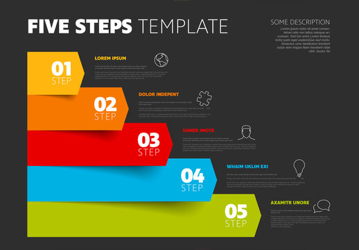 Rainbow horizontal five arrows steps infographic template with icons and descriptions