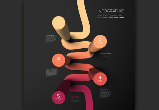 Five round red columns infographic template with five steps instructions on gradient path