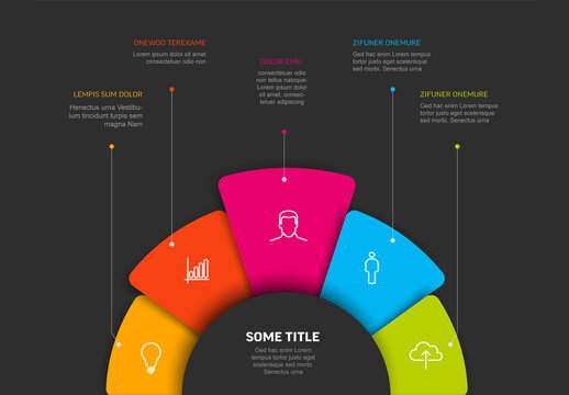 Dark Infographic template with fivecolor element options on bottom fan infochart cheme diagram