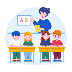 Teacher taking a class of children, flat style illustration 

