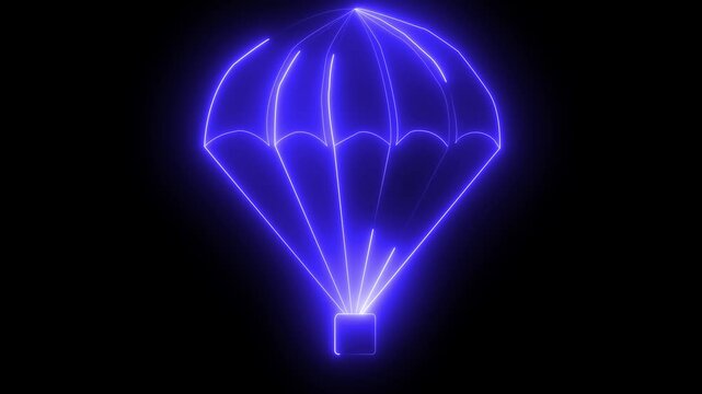 Glowing neon line Box flying on parachute icon isolated on black background. Parcel with parachute for shipping. Delivery service, air shipping. 4K Video