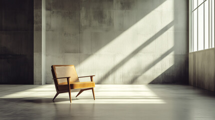 Fototapeta premium Mid-century modern chair centered in a spacious, empty concrete room, minimal decor with clean angles and harsh lighting contrasts