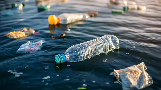 ocean surface serves as a bed for an array of discarded plastics in various shapes and colors