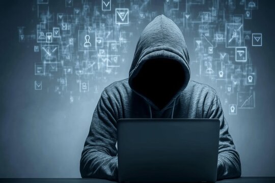 Hooded hacker lurking in the shadows targeting your data Stay vigilant