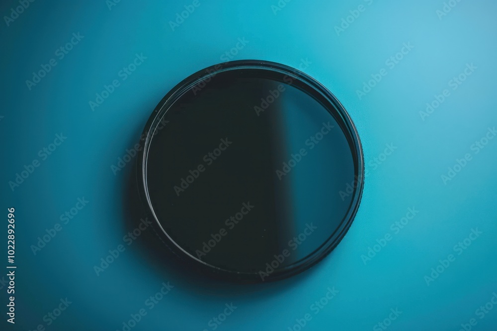 Poster circular black object on a blue surface with subtle shadows during daytime