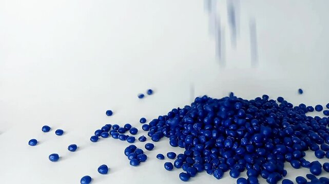 Blue  masterbatch granules falling like rain water from above filling the aluminum cup container, isolated on white background, for plastic industry product profile video